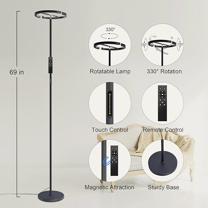 Floor Lamp for Bedroom,Stepless Dimmable Standing Lamp, 3000-6000K,Rotatable Reading Light with Touch and Remote Control, Modern LED Floor Lamps for Living Room Office
