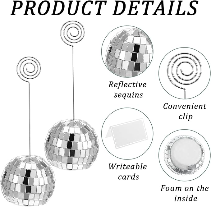 60 Pcs Disco Ball Table Number Holder, Place Card Holders, Tables Cards Photo Picture Display Numbers Stand Clips, for Wedding Birthday Disco Halloween Party Decorations