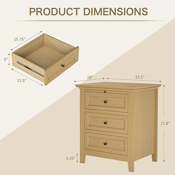 Harvin 3 Drawers Nightstand, Solid Wood End Table with Pull-Out Shelf, Timeless Classic Side Table for Bedroom, Living Room or Home Offices