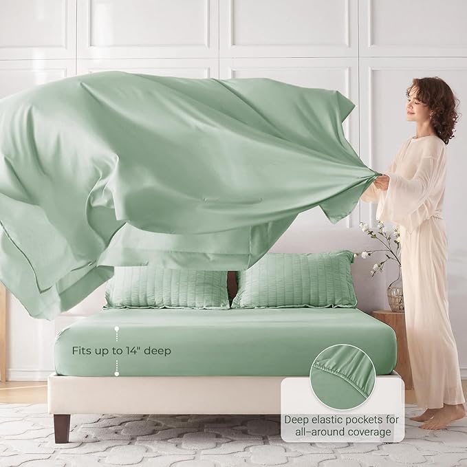 MUXHOMO 7 Pieces Queen Comforter Set, Seersucker Bed in a Bag Queen Size, All Season Luxury Bedding Set with Comforter, Flat Sheet, Fitted Sheet, Pillowcases & Shams, Sage Green
