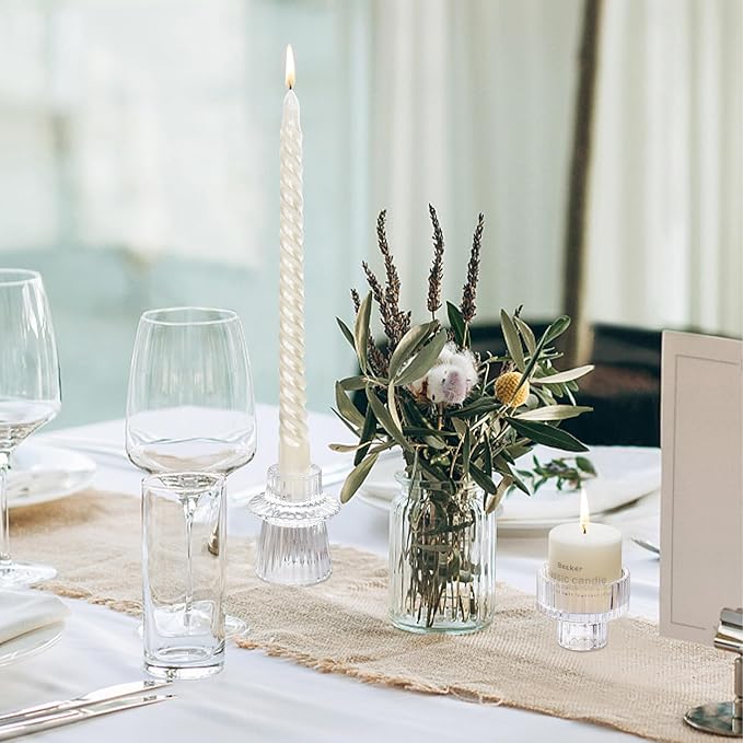 Candlestick Holders Set of 6, Ribbed Glass Taper Candle Holders, Reversible Clear Tealight & Candle Stick Candle Holder Vintage Crystal Tealight Candle Holder for Wedding Dinner Party