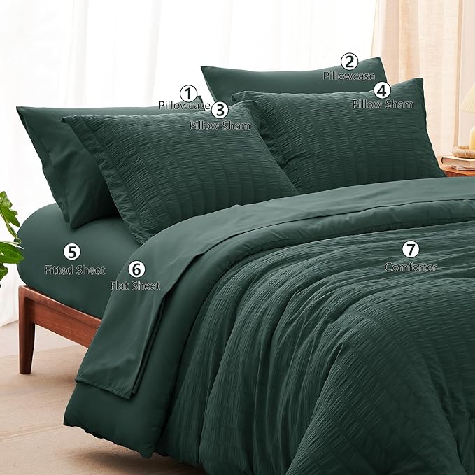 CozyLux King Size Comforter Set Forest Green Seersucker 7 Pieces Bed in a Bag King Comforter Set with Sheets, Luxury Bedding Set with Down Alternative Comforter, Sheets, Pillowcases & Shams All Season