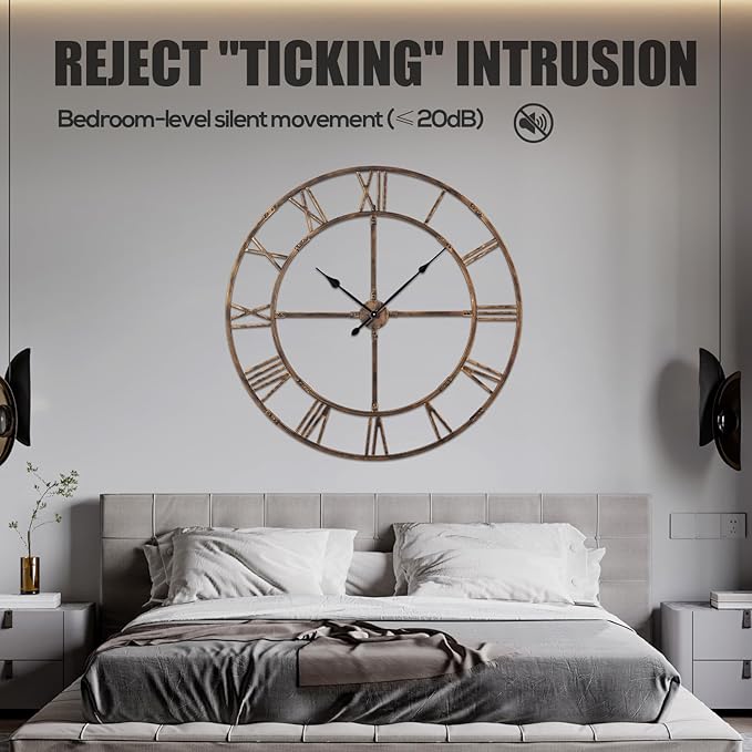 Large Wall Clock for Living Room Decor – 48 Inch Silent Non-Ticking Modern Farmhouse Wall Clock, Oversized Decorative Metal Roman Numeral Clock, Bronze