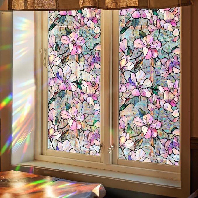 Decorative Orchid Flower Stained Static Glass Window Clings Stickers for Home Office Living Room Bedroom Glass Windows Door Decor 16.93 x 39.37 Inches