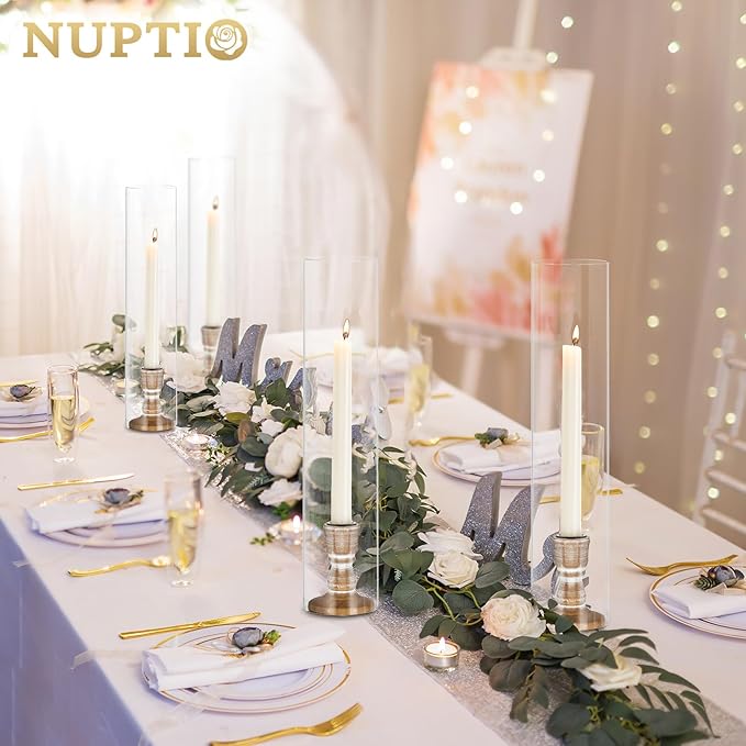 NUPTIO Wooden Candle Stick Holders: 2 Pcs Hurricane Taper Candle Holder 14 inch Rustic Wood Candlesticks Holder with Open Ended Cylinder Shape Cover for Outdoor & Indoor Wedding Party Centerpiece