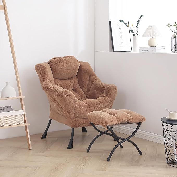 Cozy Lazy Chair and Ottoman, Large Contemporary Accent Lounge Chair Set, Leisure Upholstered Reading Armchair for Bedroom, Living Room, Dorm Rooms, Office