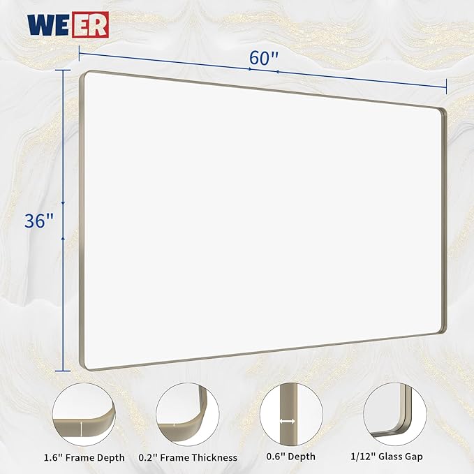 WEER 60X36 Inch Brushed Nickel Bathroom Mirror, Brushed Silver Metal Frame Mirror, Rounded Rectangle Silver Bathroom Vanity Mirror, Tempered Glass, Anti-Rust, Hangs Horizontally or Vertically