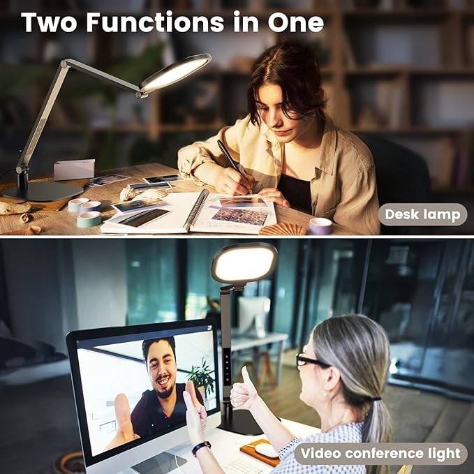 LED Desk Lamp for Home Office, 15W Computer Zoom Lighting with Swing Arm, Memory & Timer Function, Dimmable Desktop Ring Light for Video Calls, Conference, Reading, Streaming, Podcasting