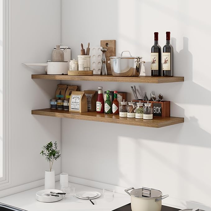 Dreamland 48" Floating Shelves for Wall, 12" Deep Slim Walnut Floating Shelves, Wall-Mounted Shelves for Bedroom, Living Room, Kitchen, Bathroom - Set of 2