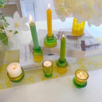 Double Sided Vintage Ribbed Taper Glass Candle Holders,Tea Candle Holder for Table Centerpieces, Wedding Decorations and Dinner Parties (Yellow Green, 6 PCS)