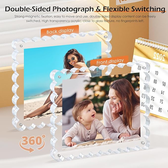 3Pack Scalloped Acrylic Photo Frame 8×10 Inch, 15+15mm Thick Block Clear Glass Photo Frame with Thick Block | Acrylic Picture Frames Modern Gift Set (3Pack, 8X10)