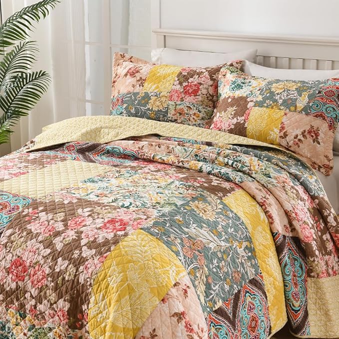 ENASAL Cotton Bedspread Quilt Sets Reversible Bedding Coverlet Sets Luxury Vintage Rustic Gorgeous Paisley Floral Yellow Real Patchwork Bedspread, King Size