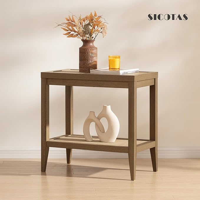 SICOTAS Rattan Night Stand Bedside Table - Farmhouse Boho Narrow End Table for Living Room - Accent Side Table with 2 Rattan Open Storage Shelves for Bedroom, Small Spaces