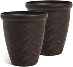 Worth Garden 2-Pack 16" Large Round Planter - Weave Pattern Lightweight Plastic Plant Pot 16" x 17.5" for Indoor Outdoor Use - Decorative Containers for Front Porch Home Yard Deck Patio - Dark Brown