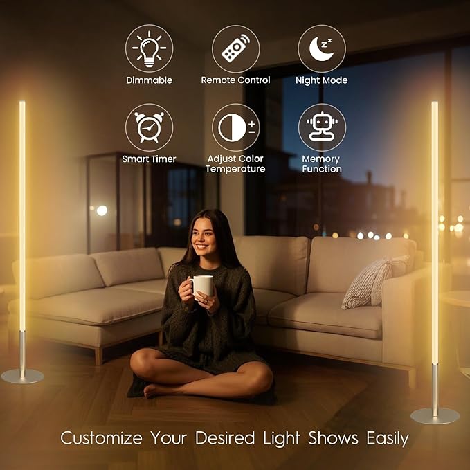 LED Corner Floor Lamp, Set of 2 Minimalist Dimmable Light with Remote, 2700-6500k Color Temperature Stepless Adjustable, 58" Tall Standing Lamp for Living Room, Bedroom, Office, Silver