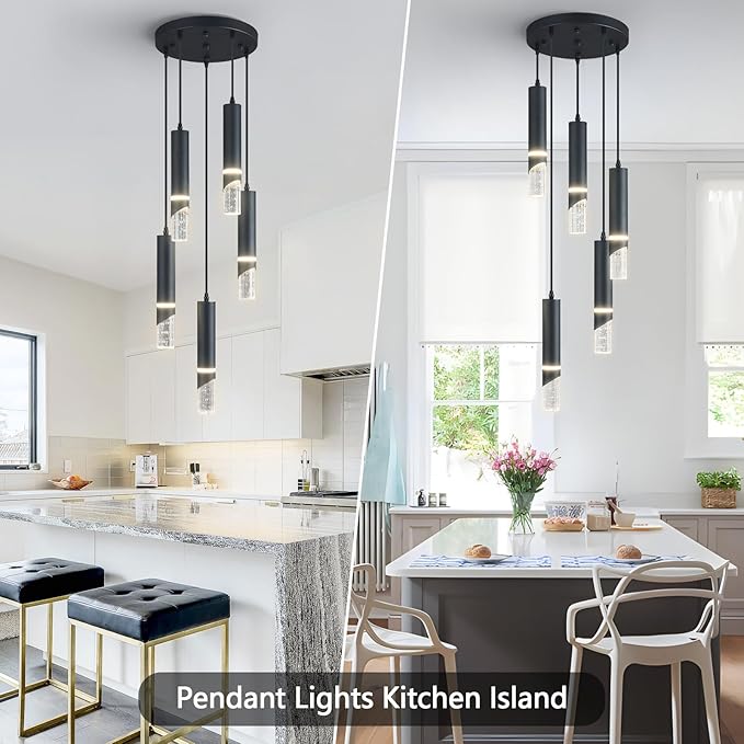 Modern Dimmable Led Pendant Lights Kitchen Island, Ideal for Living Room, Bedroom,Sink 30w LED Crystal Energy-Saving Hanging Lamp for Cozy Lighting (Black 5 Light)