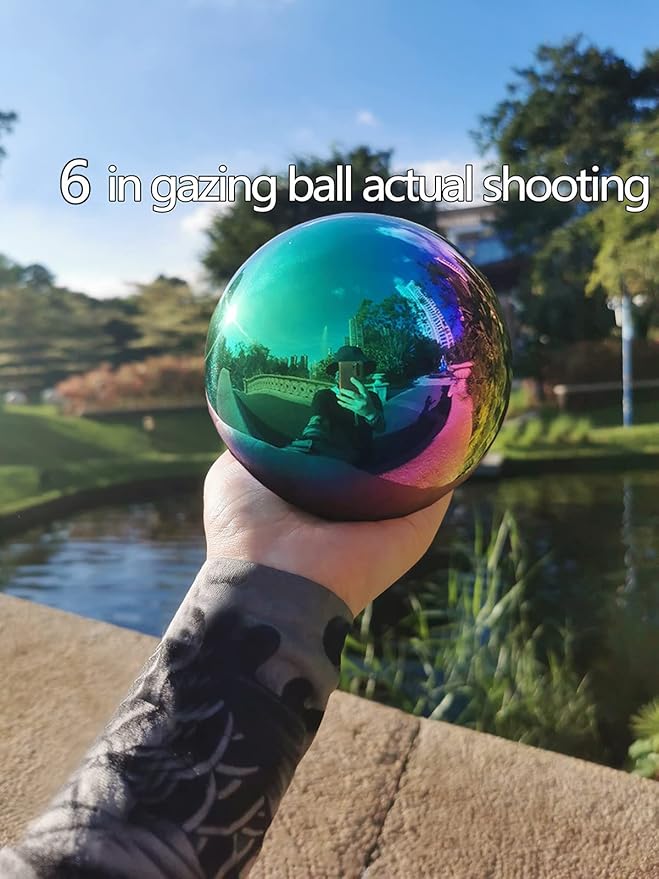 Rainbow Gazing Globe Mirror Ball in Stainless Steel, Shiny Hollow Sphere Sparkling Housewarming Outdoor Ornament (6 Inch)