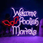 WLHOPE Welcome Foolish Mortals Halloween Neon Sign LED Neon Signs for Wall Halloween Decor Light Up Sign for Wall Decor Party Door Windows Bar Man Cave Decoration USB Powerd 16.1x12.6inches