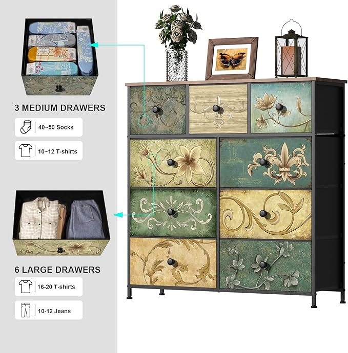 Tohomeor Dresser with Drawers for Bedroom Chest of Drawers Fabric Dresser for Closet,Nursery Entryway Hall Tree TV Stand for Living Room Retro Floral Pattern Drawers Wooden Top (9 Drawers)