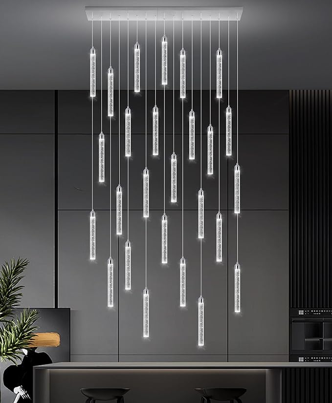 Rectangular Chandeliers 26-Lights Long Light for Entryway LED Dimmable Chandeliers Lighting Fixture Flat Sloped High Ceiling Pendant Lights Crystal for Living Room Foyer Hallway Staircase Silver