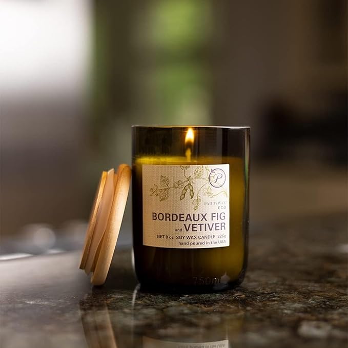 Paddywax Eco Collection Scented Soy Wax Candle in Glass Jar, Bordeaux Fig & Vetiver Fragrance, Green Vessel with Wood Lid, 8 oz