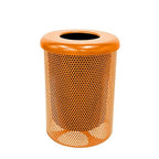 Coated Outdoor Furniture 32-Gallon Heavy-Duty Punched Steel Round Trash Receptacle, Commercial Outdoor Waste Bin with Liner & Black Flat Top Lid – Made in America (Textured Orange)