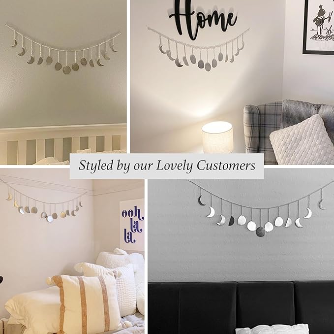 BASE ROOTS Moon Phase, Silver Wall Decor for Bedroom & Living Room, Bohemian Wall Decor, Handmade Hammered Metal 36" 13 Phases Moon, Celestial Wall Art, Gift for Women & Kids