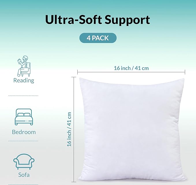 ROYALE LINENS 16 x 16 Pillow Insert - Down Alternative Throw Pillows Insert - Square Pillow Pack of 4 White - Bed & Couch Pillows - Inner Cushion for Bed, Cushion for Living Room - Shams Stuffer
