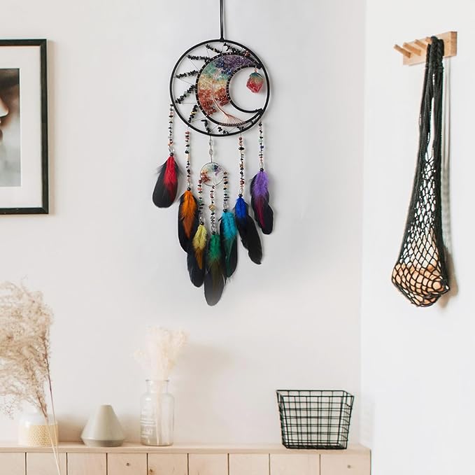 7 Chakras Black Dream Catchers Tree of Life Dream Catcher Rainbow Feather Dreamcatcher Wall Decor with Healing Crystal & Fluorite Wall Art Hanging for Bedroom Home Decor Bless Gift Wedding Garden