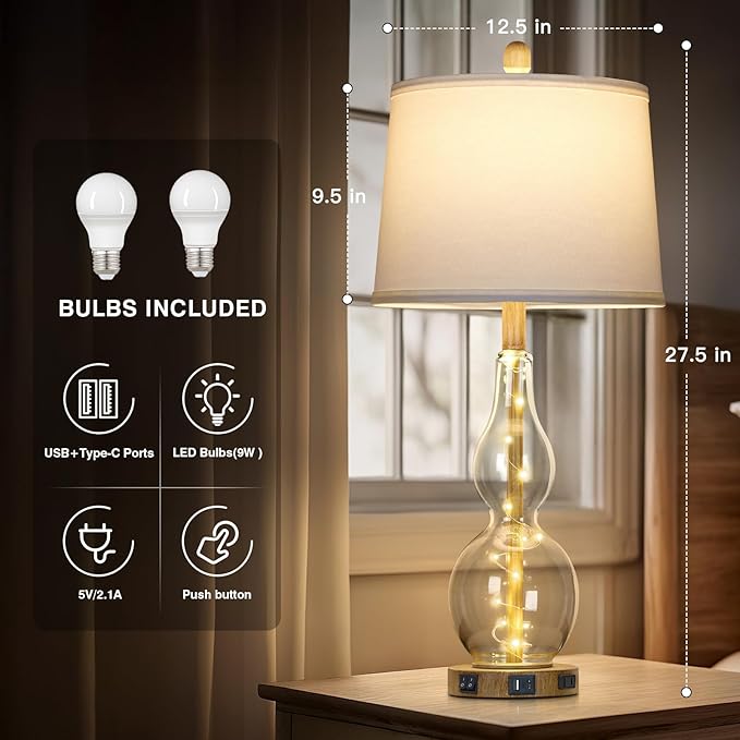 27.5" Clear Glass Table Lamp Set of 2 with Night Light,Bedside Lamps with USB Ports and AC Outlet, Modern Nightstand Lamps Retro Farmhouse lamp for Bedroom Living Room