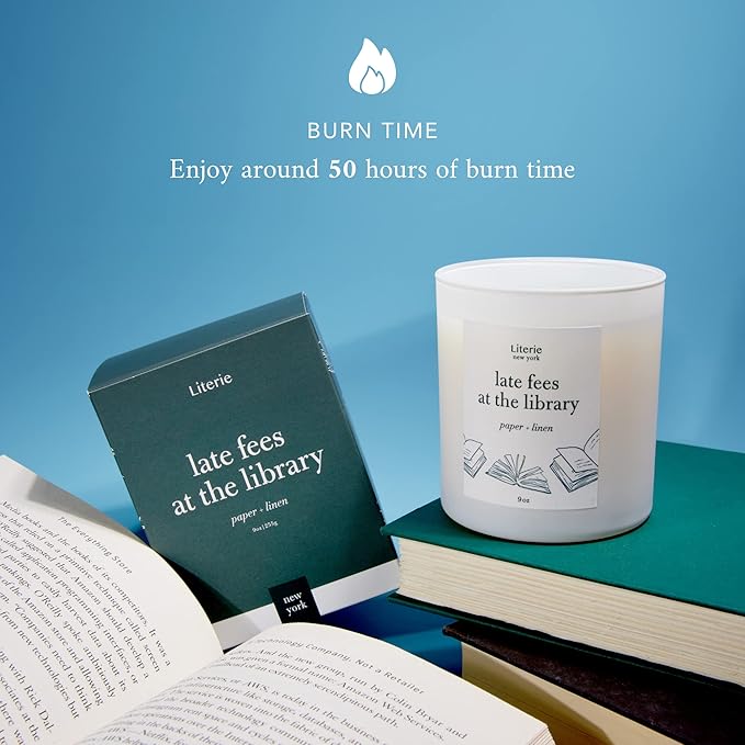 Literie NYC Inspired Scented Candle: Late Fees at The Library - Paper & Linen Scent, 9oz, 50 Hour Burn, Vegan Soy & Coconut Blend Candle for Home Decor, Gift for Women & Men