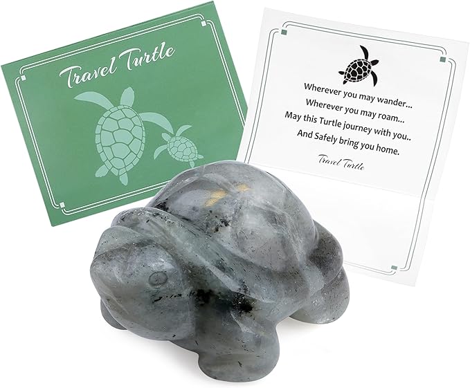 QINJIEJIE Moonstone Crystal Travel Turtle Figurines for Travelers Best Travel Gifts for Women Men Healing Crystals Sea Turtle Lovers Office Desk Decor Good Luck Gifts for Traveling Abroad