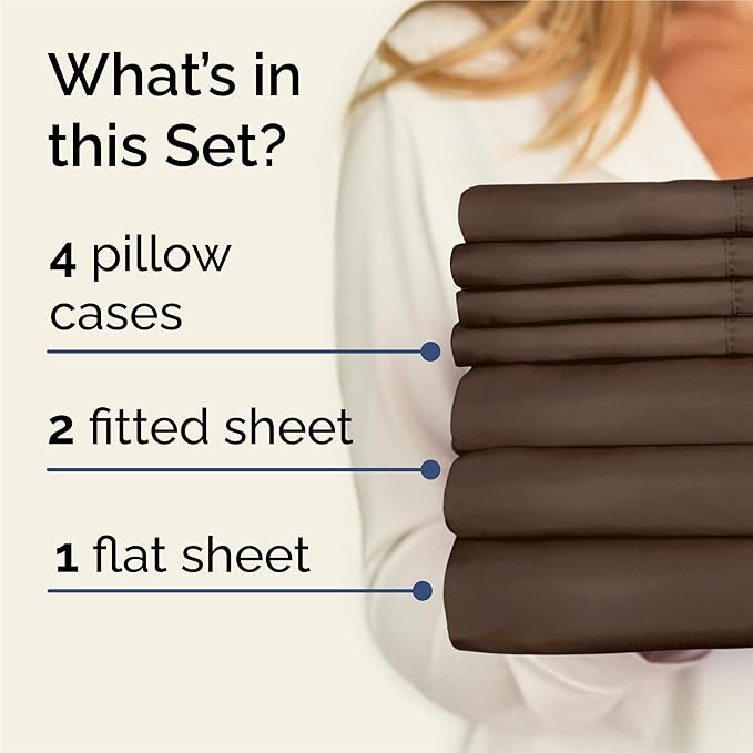 Split King Bed Sheet Set - 7 Piece Split King Bed Sheet Set - Soft Hotel Luxury Bedding - Cooling, Comfy & Breathable - 1 Flat & 1 Fitted & 4 Pillowcases w/ Deep Pockets - Wrinkle & Fade Free - Brown