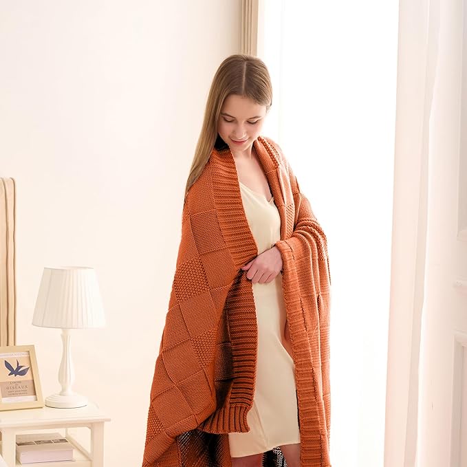 CozeCube Check Knit Throw Blanket, Rust Orange Checkered Throw for Couch, Decorative Christmas Soft Cozy Warm Knitted Blanket for Bed Sofa Living Room, 50"X60"