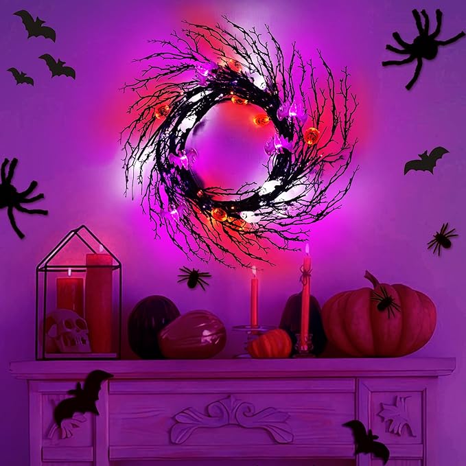 7 Ft 63 LED Halloween Willow Vine Twig Garland with 8 Modes Timer Orange Purple White Lights,7 Pumpkin Bat Ghost, Garland with Battery Operated for Wall Fireplace Halloween Decorations
