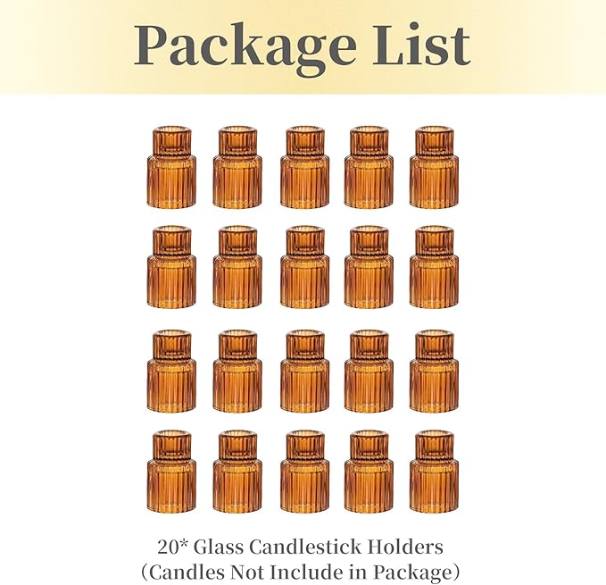 Hewory Glass Taper Candle Holders: 20 PCS Amber Elegant Candle Holder Candlestick Holders Bulk, Ribbed Glass Candle Holder Candle Sticks Holder Decor for Table Centerpiece Fall Thanksgiving Home Decor