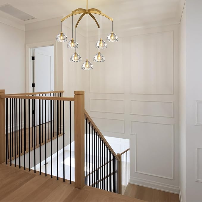 Modern Gold Chandelier, 34 inch Crystal Chandeliers for Dining Room (7-Light), Elegant Decoration Light for Living Room, Foyer Brass Chandeliers