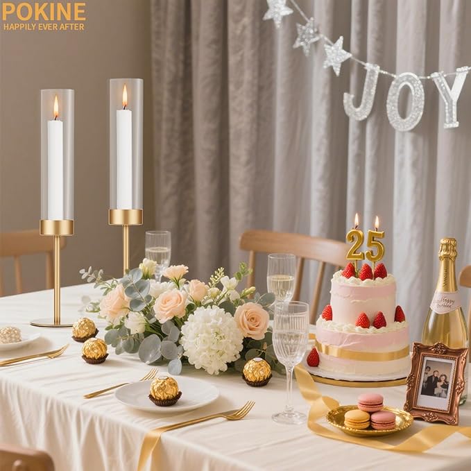 Gold Candle Holders Set of 6 for Glass Taper Candle Holders,Hurricane Candlestick Holder for Wedding, Dinning, Party Decorative, Home Decor, Anniversary，6 Brass