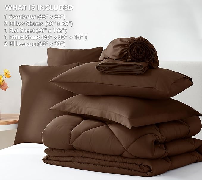 CozyLux Queen Comforter Set Brown - Bed in a Bag Queen Size 7 Pieces, Luxury Soft Bed Set for All Seasons, Bedding Set with Down Alternative Comforter, Sheets, Pillowcases & Shams
