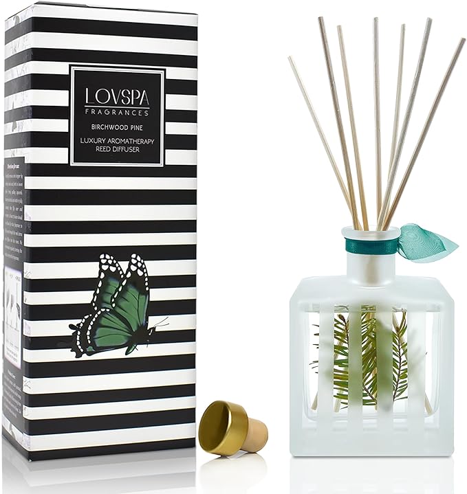 LOVSPA Reed Diffuser Set, Birchwood Pine Scented Oil Diffuser with Sticks, Home Fragrance Accessories for Bathroom Shelf Decor, Aroma Diffusers for Home or Office Desk, USA Made