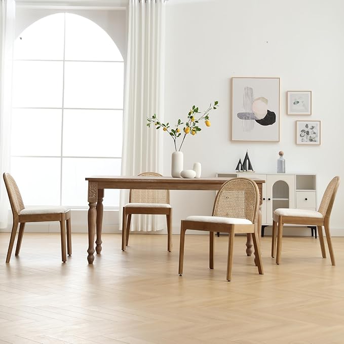 Mid Century Dining Chairs Set of 4, Accent Rattan Side Chairs Sherpa Fabric Kitchen Chair with Solid Wooden Legs for Living Room Dining Room, White