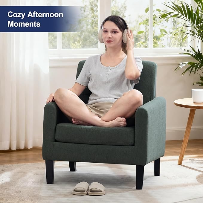 Accent Chair, Mid Century Modern Living Room Chairs Comfy Reading Chair with Upholstered Cushion Relax Armchair for Bedroom Apartment,Office,Green