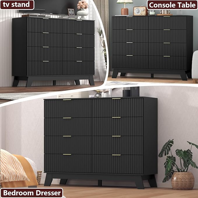 Fluted Dresser for Bedroom,8 Drawer Dresser for Closet,Storage Cabinet and Chest of Drawers with Gold Handle,TV Stand,Storage Organizer for Living Room,Hallway,Entryway,Black