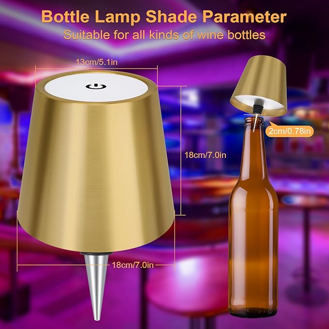 DUSKTEC Wireless Bottle Lamp Shade, RGB LED Wine Bottle Lamp with Stopper, 3 Color Stepless Dimming Rechargeable Touch Wine Bottle Lights for Any Liquor Bottle Bars Restaurants (Gold, 2PCS)