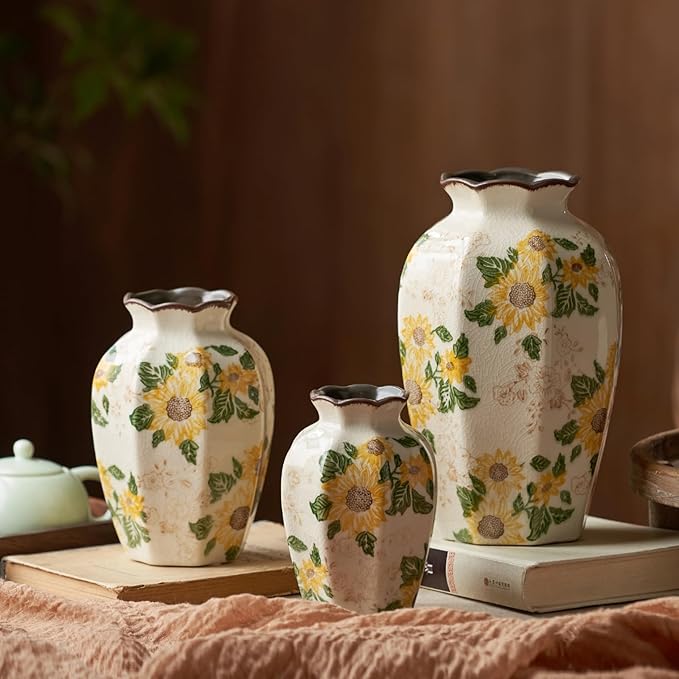 Levvohd Vintage Pastoral Octagonal Vase, 9.3 Inch Ceramic Sunflower Flower Vases, Rustic Farmhouse Antique Chinoiserie Floral Vase for Wall Art Bedroom and Shelf Home Decor (Octagonal)