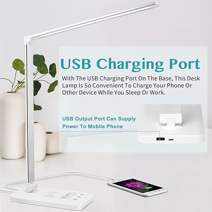 LED Desk Lamp with USB Charging Port, Dimmable Eye-Caring Table Lamps with Wireless Charger, 5 Brightness Levels & 5 Lighting Modes, Touch Control, Auto Timer