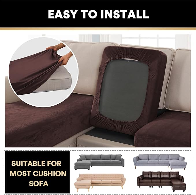 PrinceDeco Sectional Couch Covers 4 Pieces Velvet Separate Couch Cushion Covers L Shape for Left/Right Chaise Sectional Couch with Elastic Bottom (3 Seater + 1 Chaise,Brown)