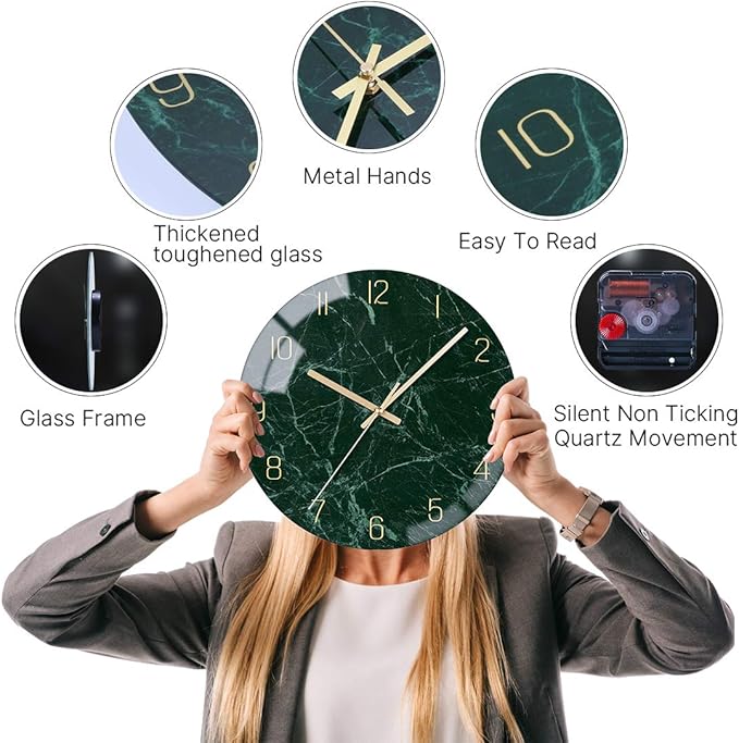 VIKMARI Glass Wall Clock Silent Non Ticking Wall Clock- 12 Inch Quality Quartz Battery Operated Round Easy to Read Home/Office/Classroom/School Clock (Dark Green)