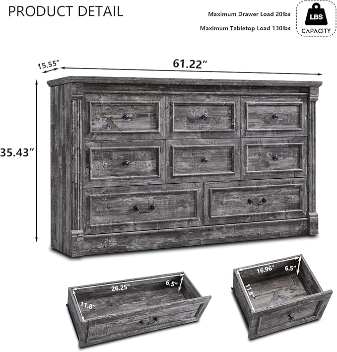 Farmhouse 8 Drawers Dresser for Bedroom, 61" Wide Large Dressers & Chests of Drawers w/Roman Column, Storage Dressers Organizer for Bedroom, Hallway, Living Room, Light Grey