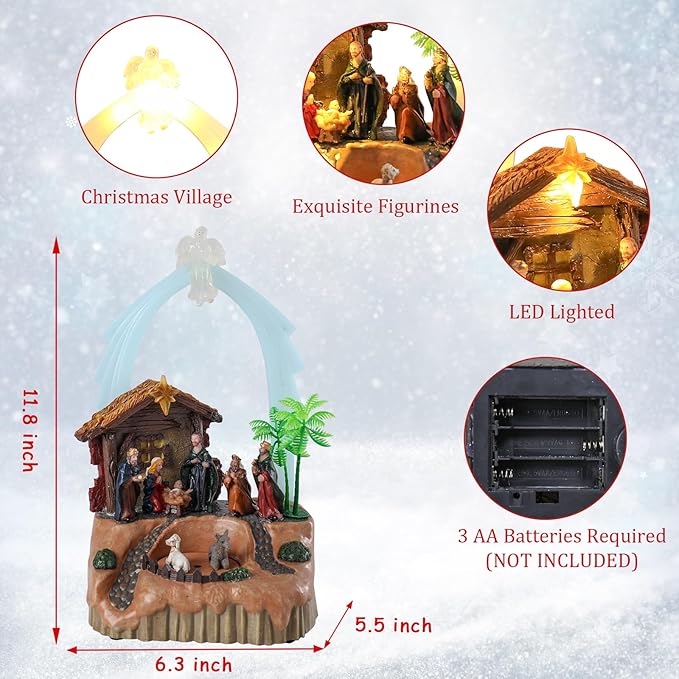 VCUTEKA Christmas Village Houses, Nativity Scene with Crystal Angel and Rotating Sheep Lighted Musical Christmas Village Collectible Building for Xmas Indoor Decorations or Holiday Table Displays